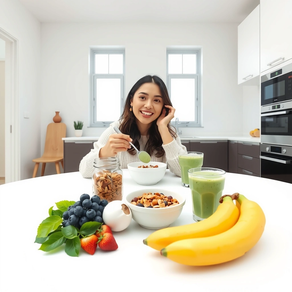 Femeie fericită mâncând un mic dejun sănătos în bucătărie