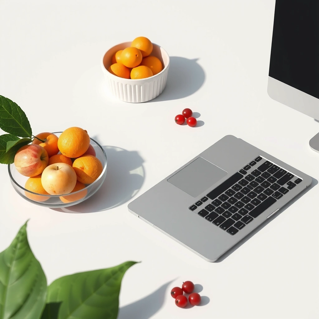 Laptop pe o masă curată lângă un bol cu fructe proaspete