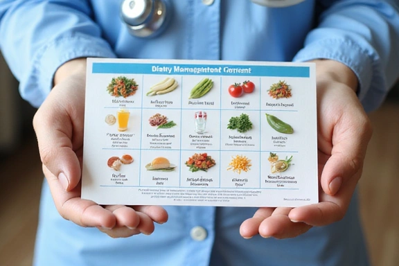 Hände halten ein medizinisches Diagramm mit Lebensmittelsymbolen